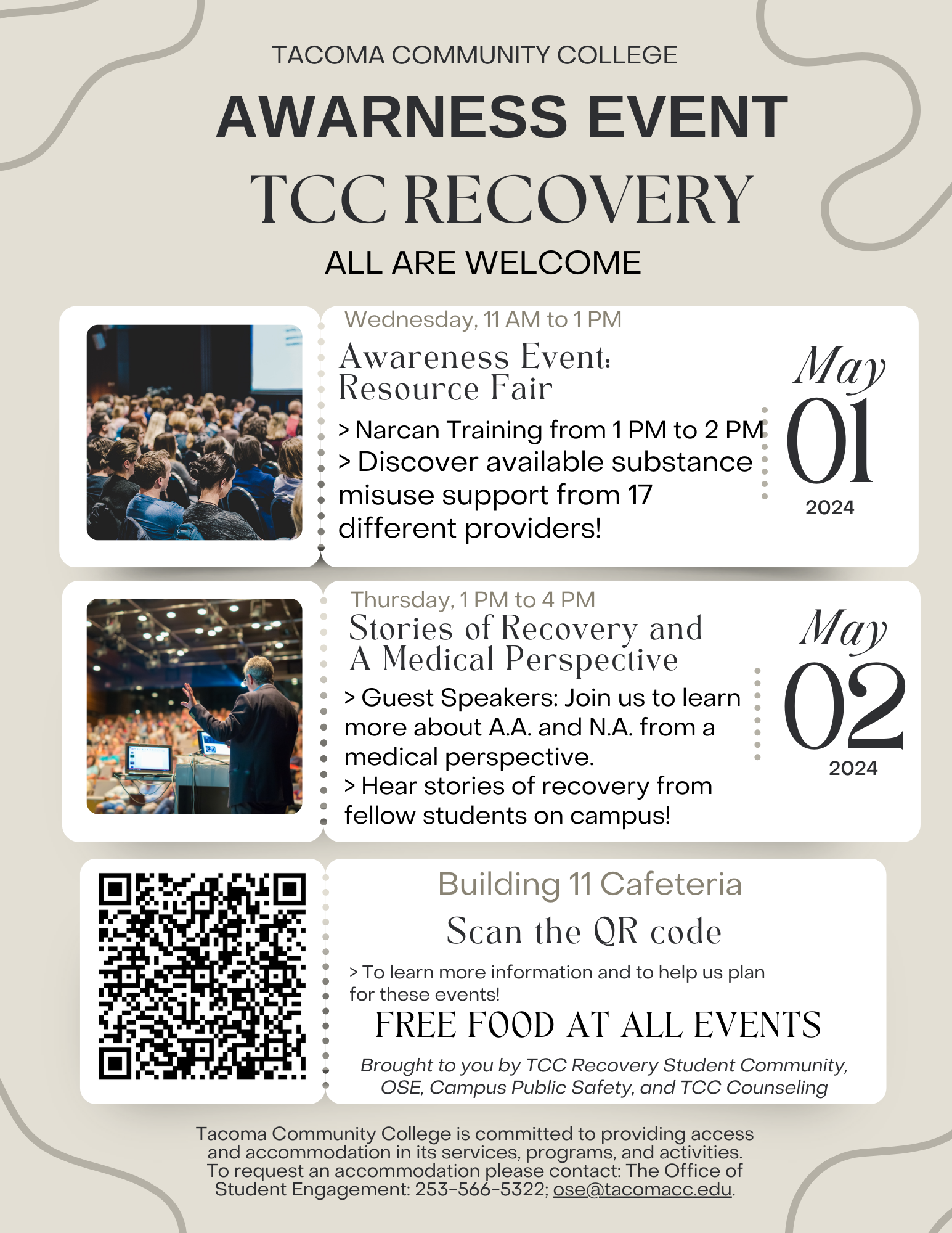 recovery awareness group event poster, May 1 - 2 in the Building 11 Student Center at TCC. 