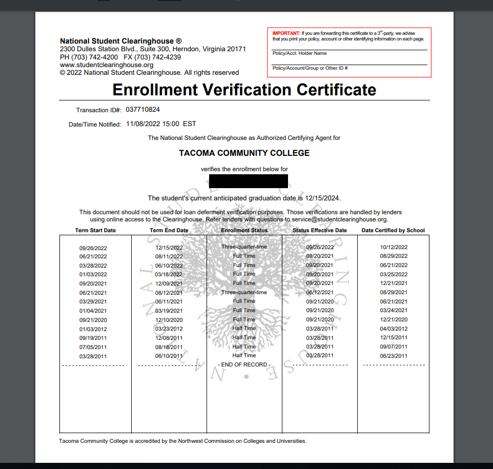 Enrollment Verification Image