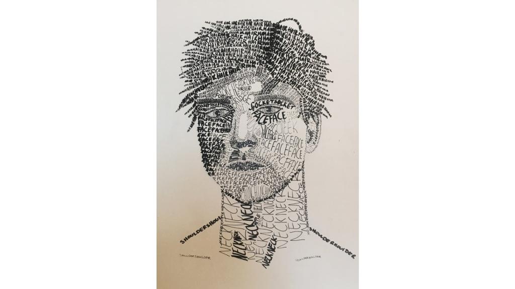 A man's head made up of text