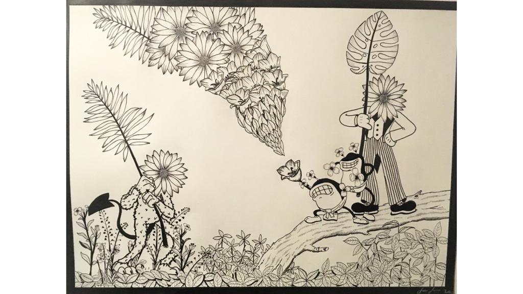 Daisy-faced characters on a hillside