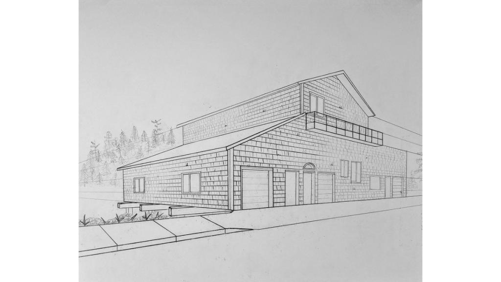 Drawing of a wooden lodge