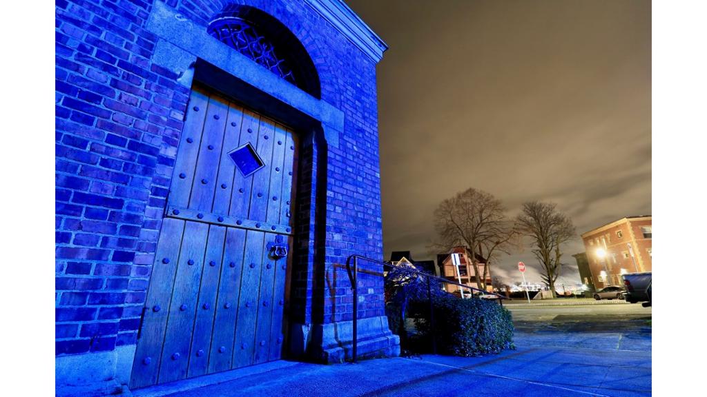 Entrance to building in blue light