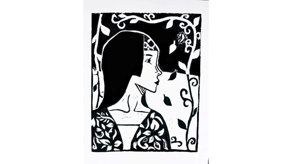 Black and white woman bordered by vines