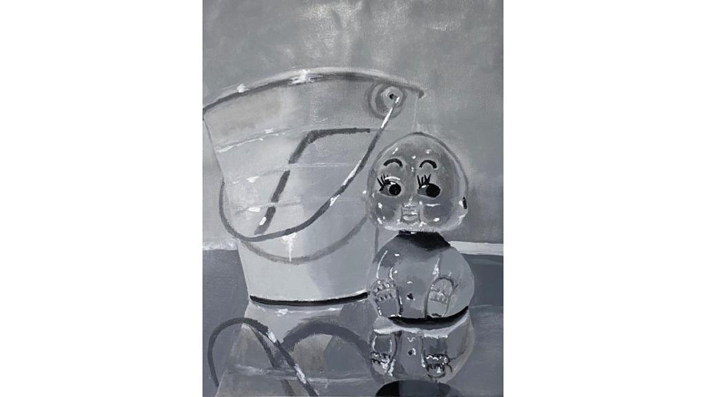 Jug and doll in grayscale
