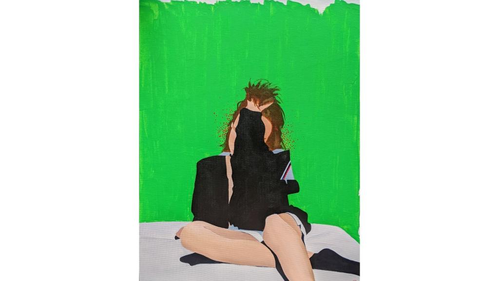 Person sitting against a green wall with their arm blocking their face