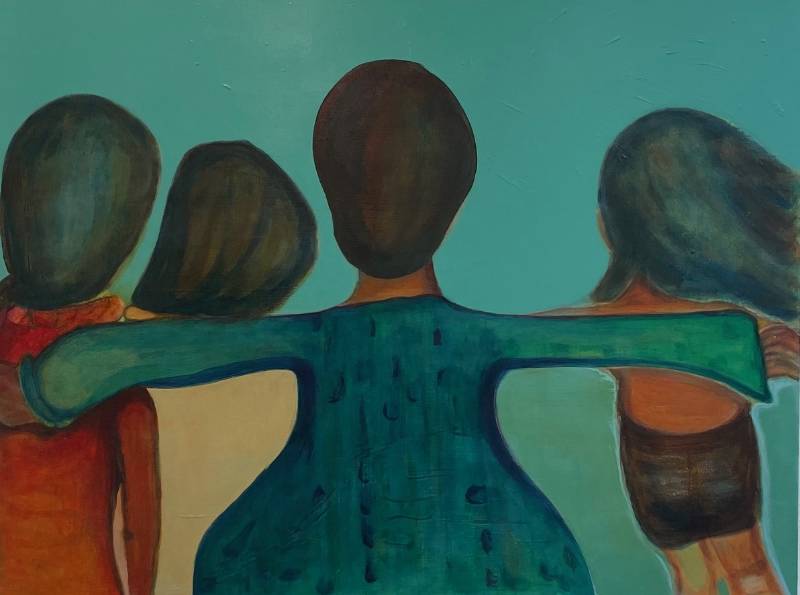 an oil painting of four figures facing away with arms wrapped around each other