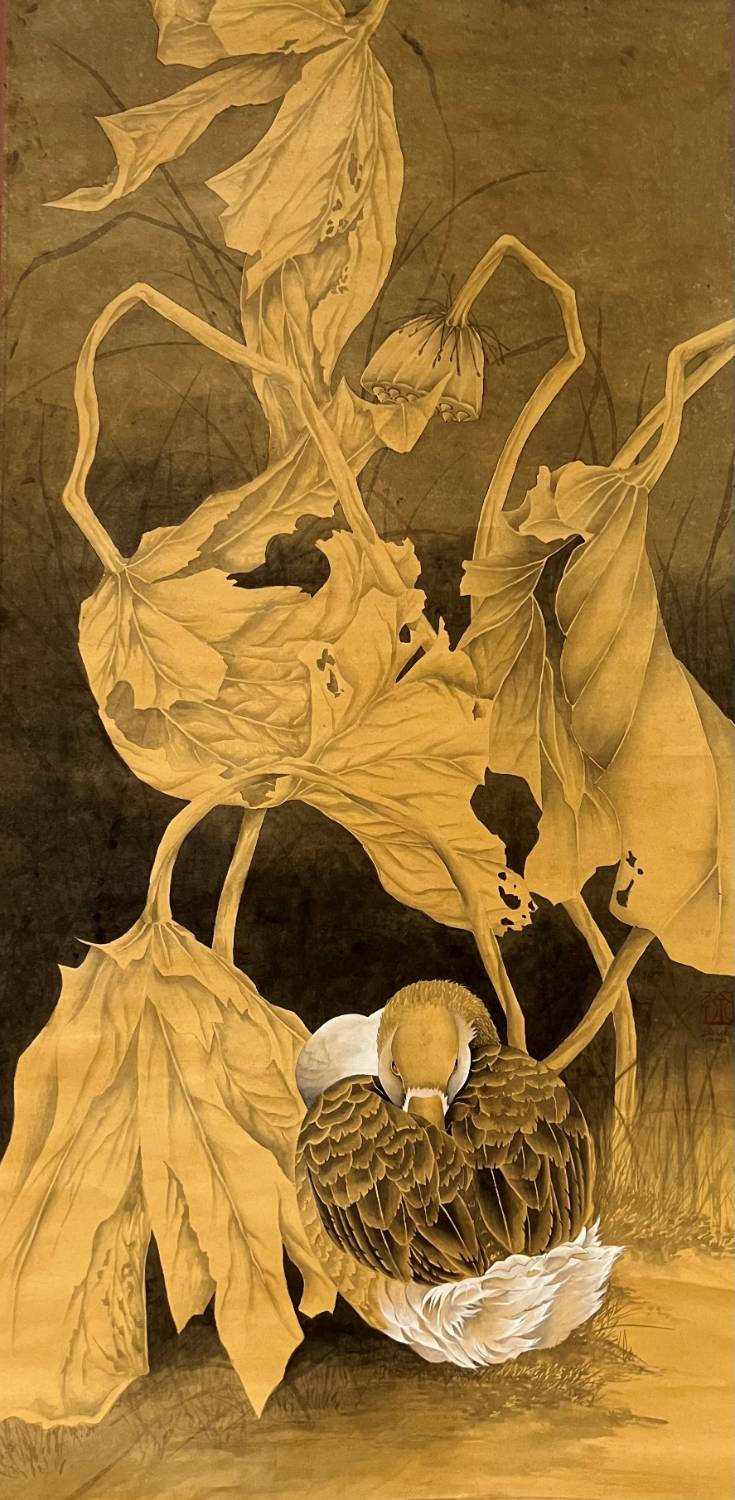 A yellow-toned painting of a duck tucked into its wings