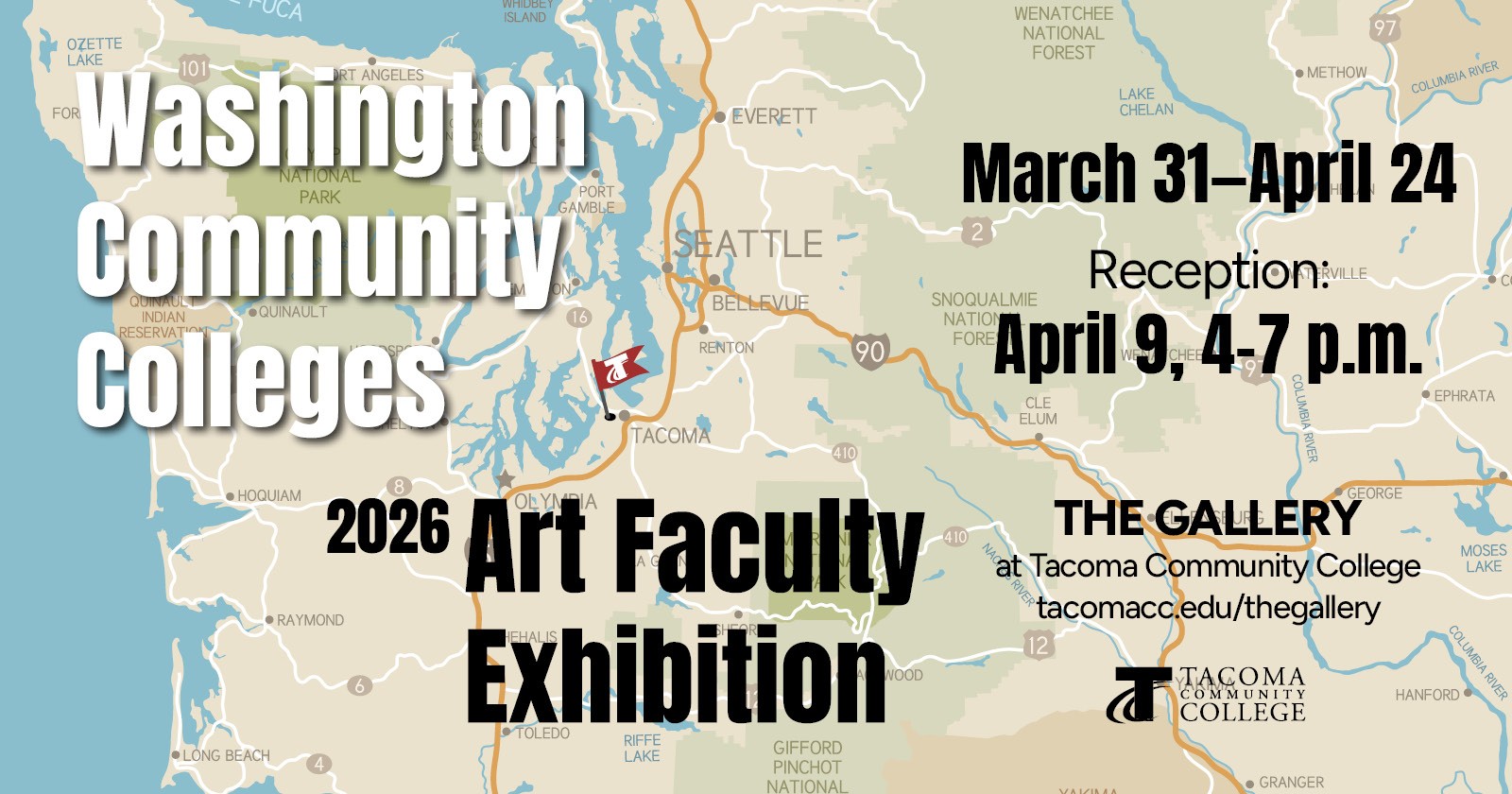 image of a map of washington state, with a flag marking TCC. Washington Community Colleges Art Faculty Exhibition, March 31 - April 24. Reception: April 9, 4-7p