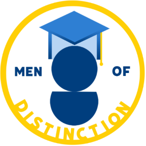 A seal featuring a grad cap above the silhouette of a student. The words "Men of Distinction" are prominently fixed inside the seal.