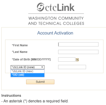 screenshot of ctcLink account activation with name and date of birth