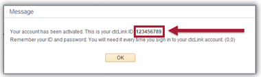 screenshot showing the ctcLink ID number after submitting password and security questions