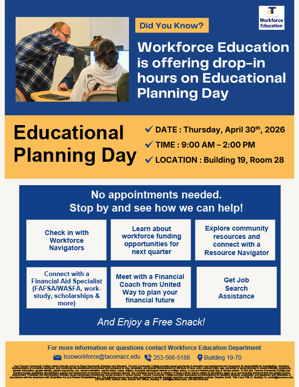 flyer for Workforce drop-in session, 9 a.m. - 2 p.m. April 30 in Building 19. 