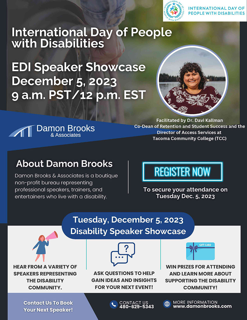 Flyer for Damon Brooks International Day of People with Disabilities EDI Speaker Showcase, 9 a.m. Dec. 5, moderated by TCC Director of Access Services Dr. Davi Kallman