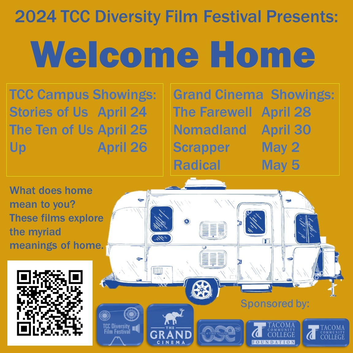 flyer for 2024 Diversity Film Festival, "Welcome Home," with a picture of a trailer, film titles and dates, and a QR code that directs to the film festival web page