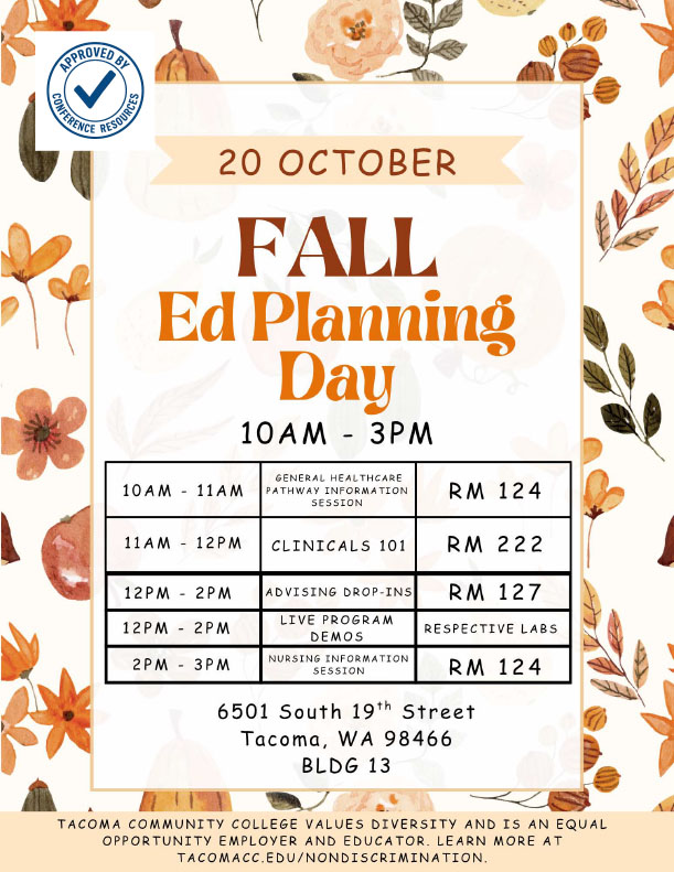 flyer for Ed Planning Day Healthcare events in Building 13. 10 - 11: General Healthcaer Pathway information. 11-12: Clinicals 101. 12-2: Advising drop-ins. 12-2, Live Program Demos, 2-3p, Nursing Information session.  