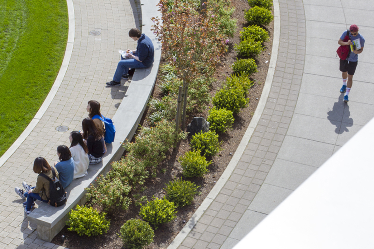 Aerial view of students sittling on the curved stone bench around the campus commons and one student walking on the campus walkway