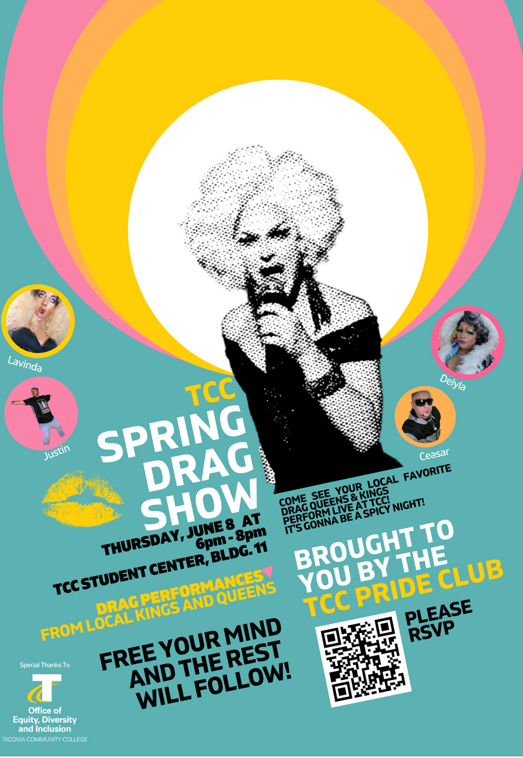 Drag show poster with a performer holding a mic. Drag Show June 8, 6-8 p.m. QR code to register