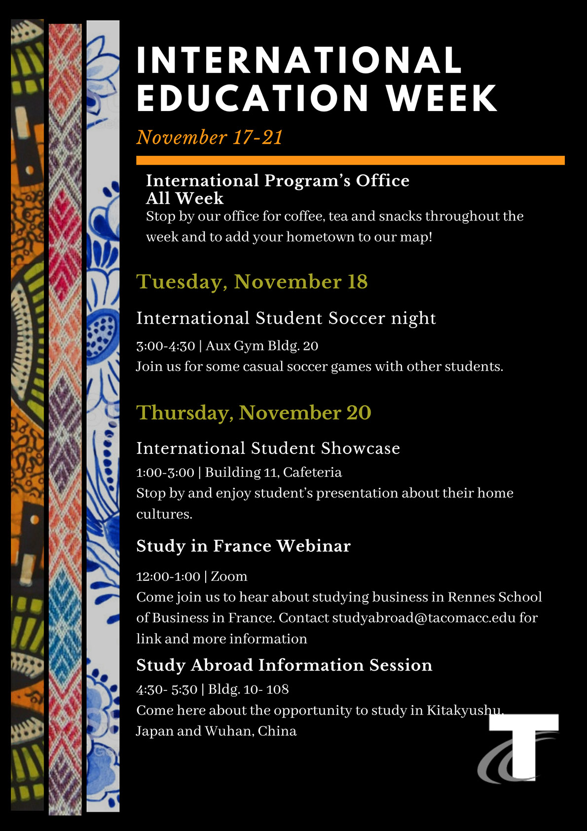 Flyer for International Education Week events at TCC. 