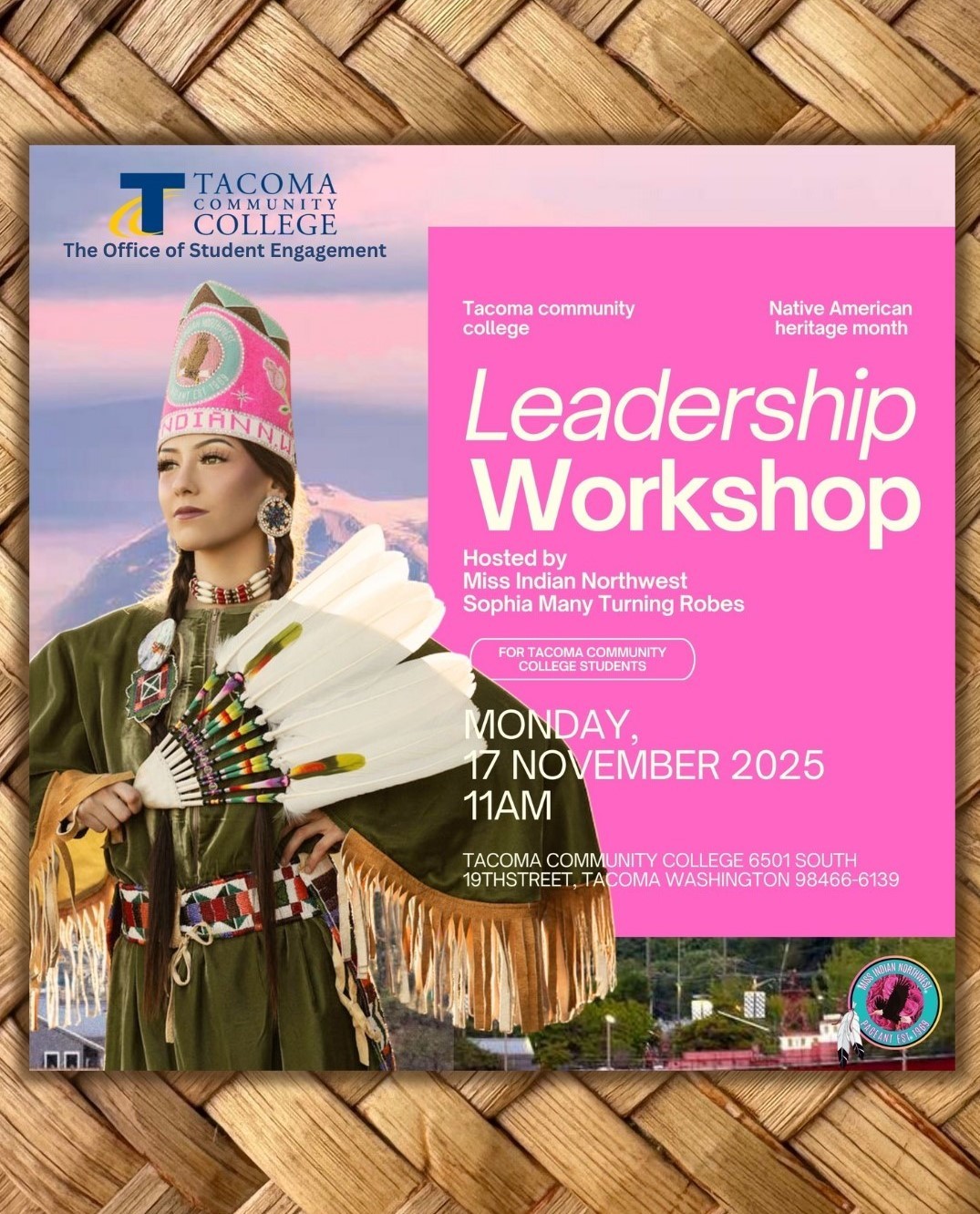 Flyer for Native American Heritage Month Leadership workshop, Nov. 17 at 11 a.m. 