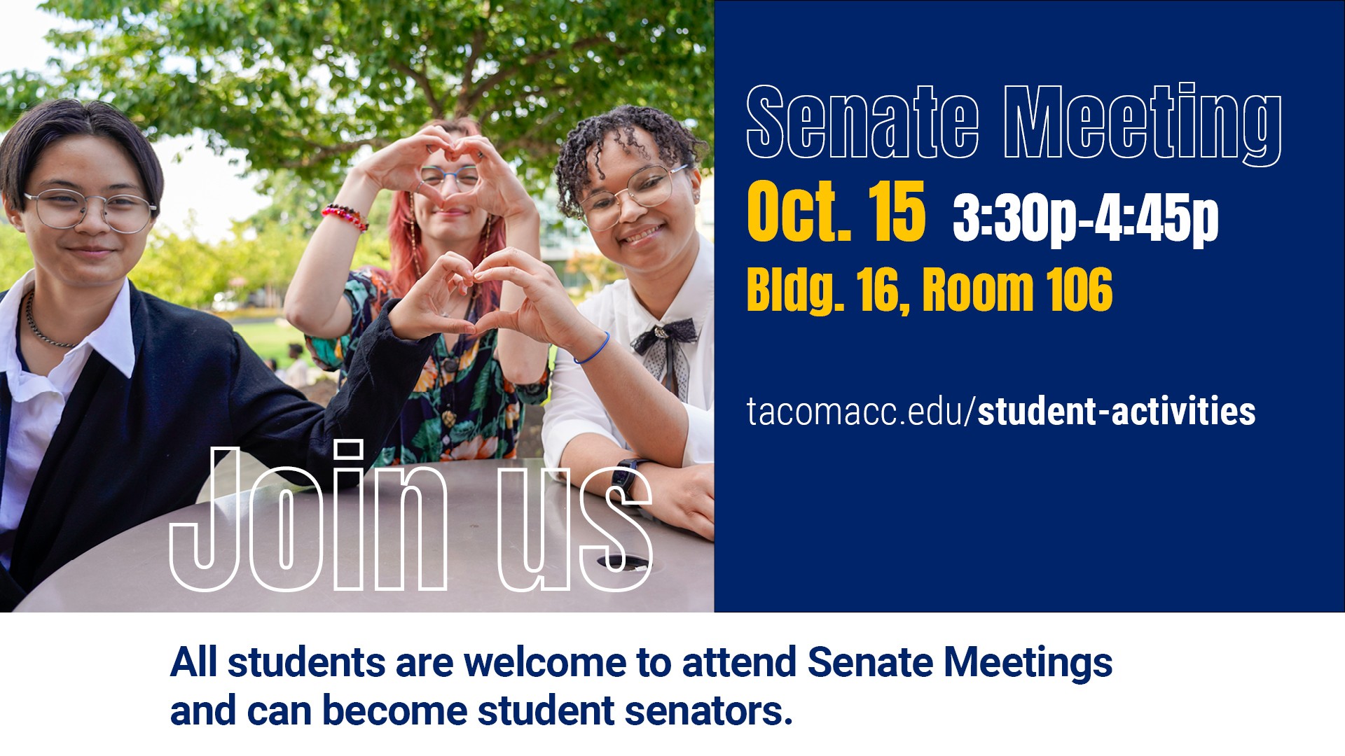 Flyer for Oct. 15, 2025 Senate Meeting, 3:30 - 4:45 p.m.  in 16-106