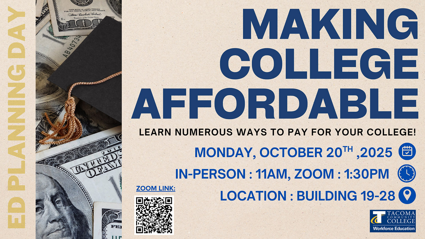 Flyer for Making College Affordable, Oct. 20. 11 a.m. workshop in 19-28. 1:30 p.m. workshop on Zoom 