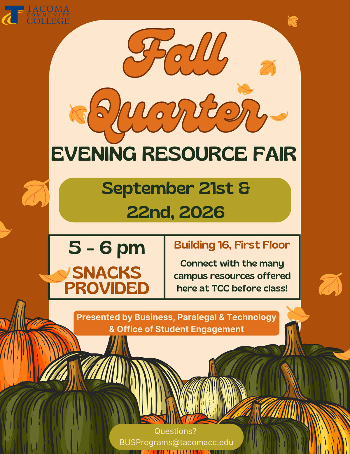 Flyer for fall quarter evening resource fair, 5-6p Sept. 21 & 22. 