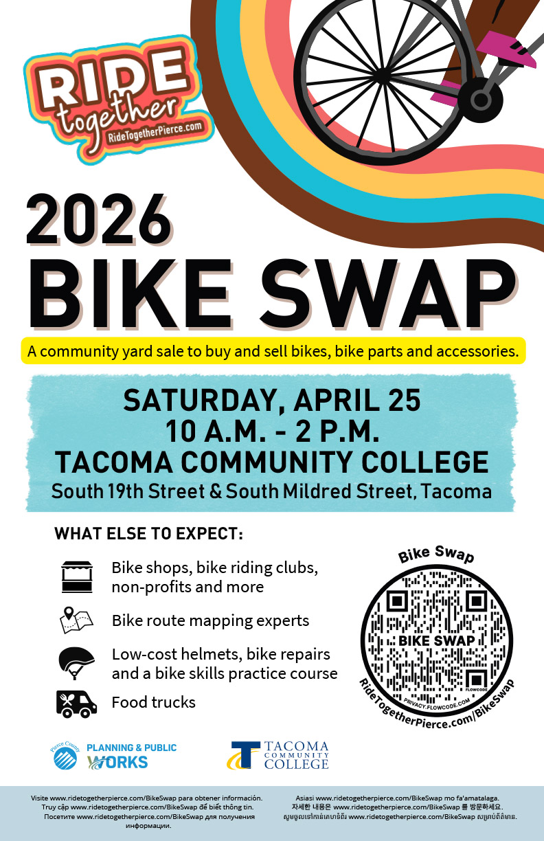 Flyer for Pierce County Bike Swap, April 25, 10 a.m. - 2 p.m., TCC Parking Lot A 