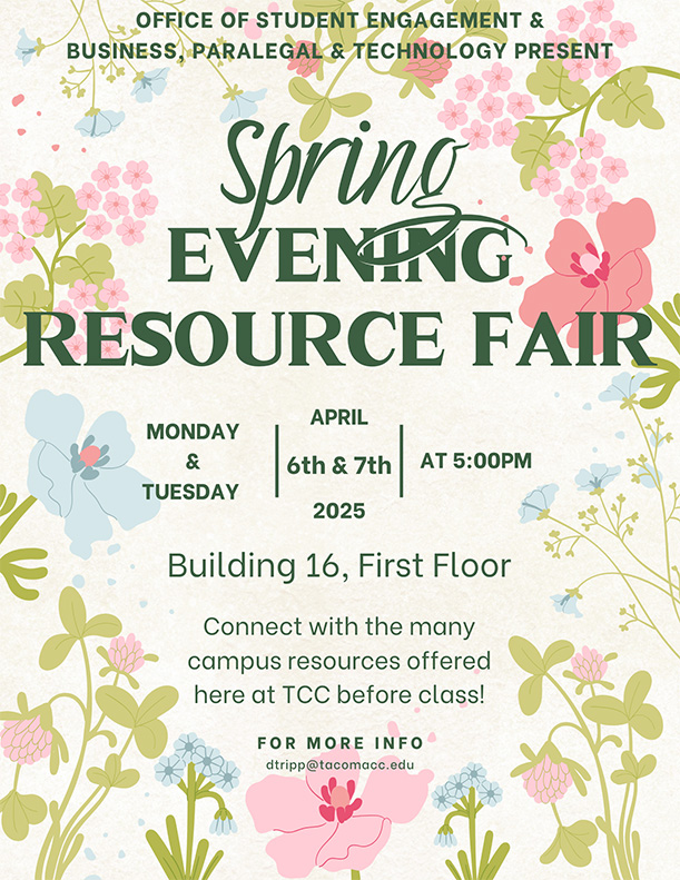Flyer for Evening Resource Fair, April 6 & 7, 5 p.m. in Building 16 