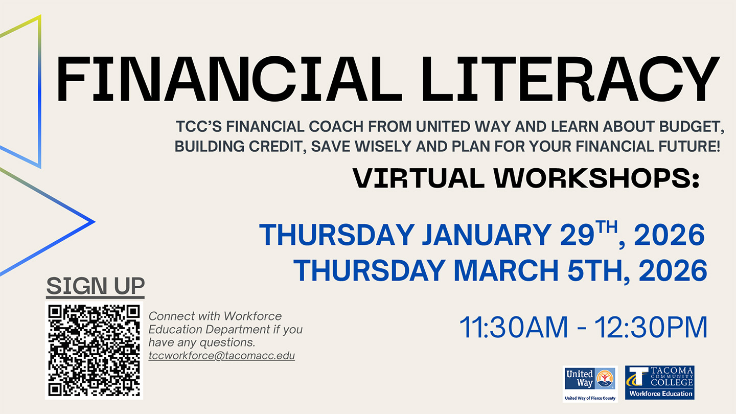Flyer for financial literacy virtual workshop with QR code to sign up. 11:30a - 12:30p. 