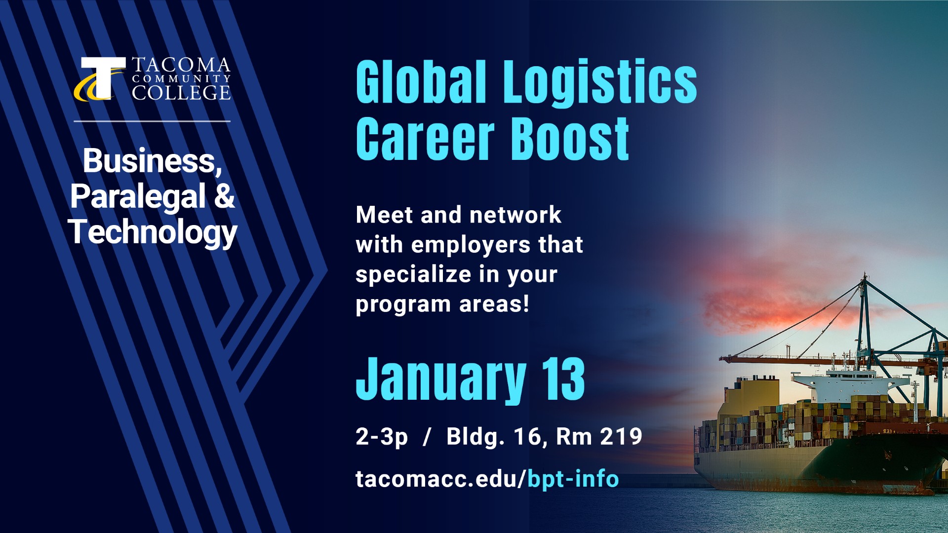 Flyer for Global Logistics Career Boost, 2-3 p.m. Jan. 13, 16-219