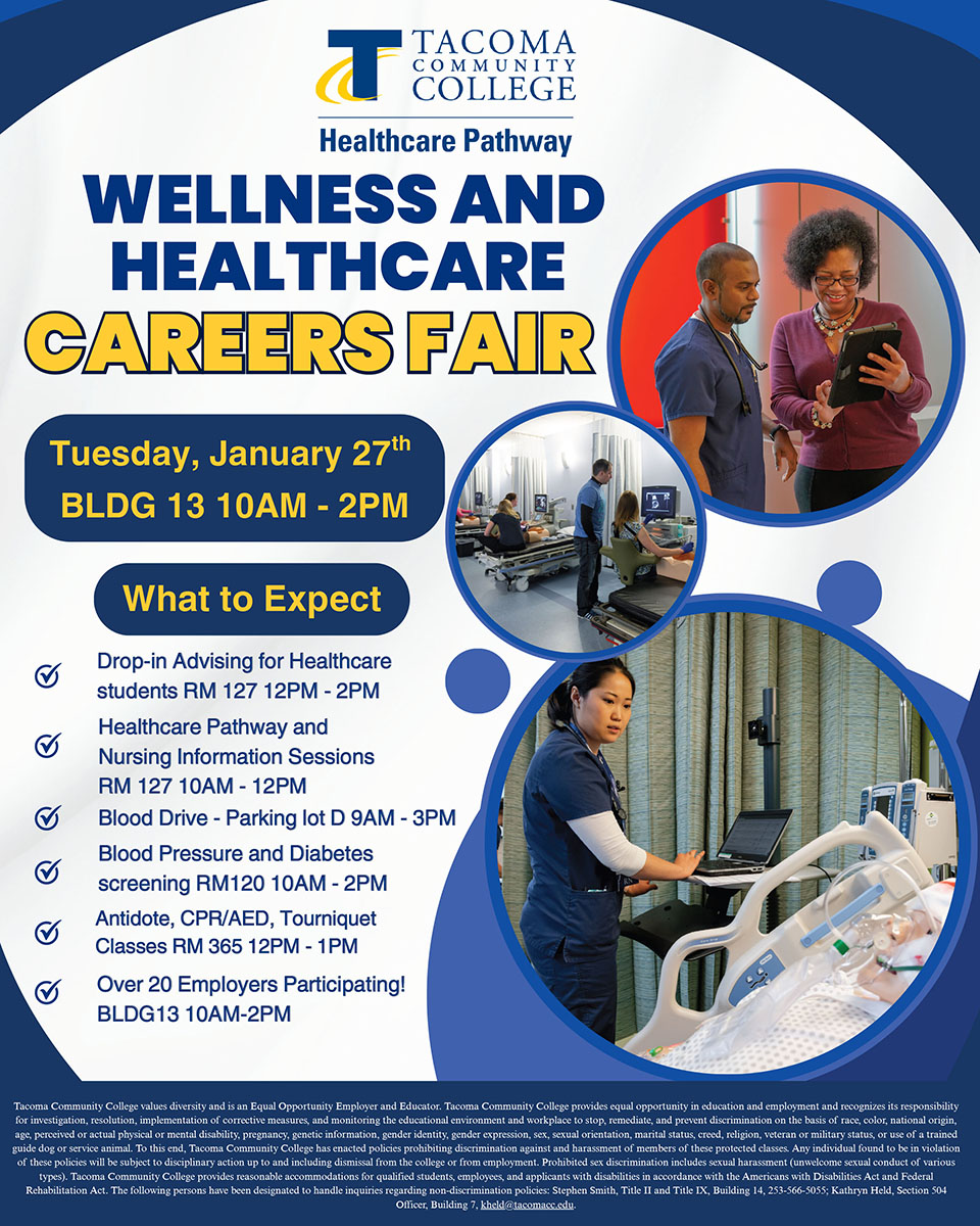 Poster for wellness & healthcare careers fair, 10a - 3p Jan. 27 in Building 13