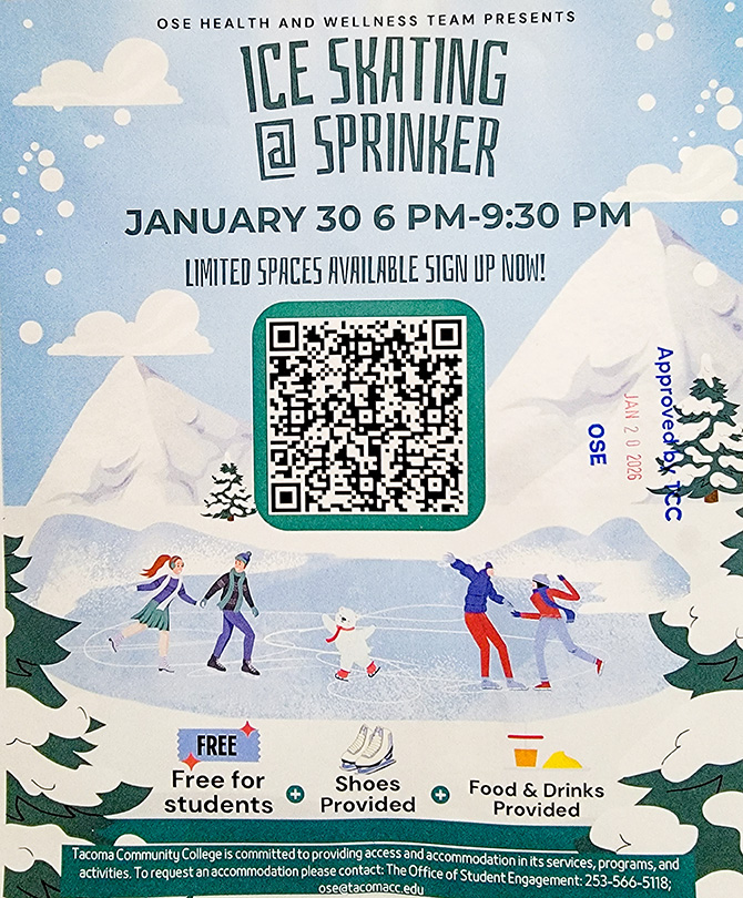 Flyer with a qr code for ice skating at sprinker recreation center, Jan. 30, 6-9:30 p.m.