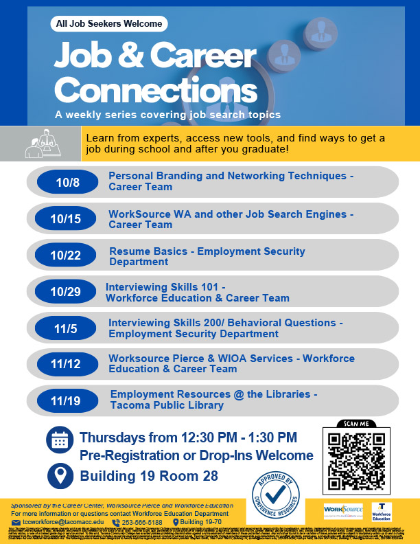 flyer for Job & Career Connections for Fall 2028, showing Thursday workshops, 12:30 - 1:30 in Building 19, Room 28. 