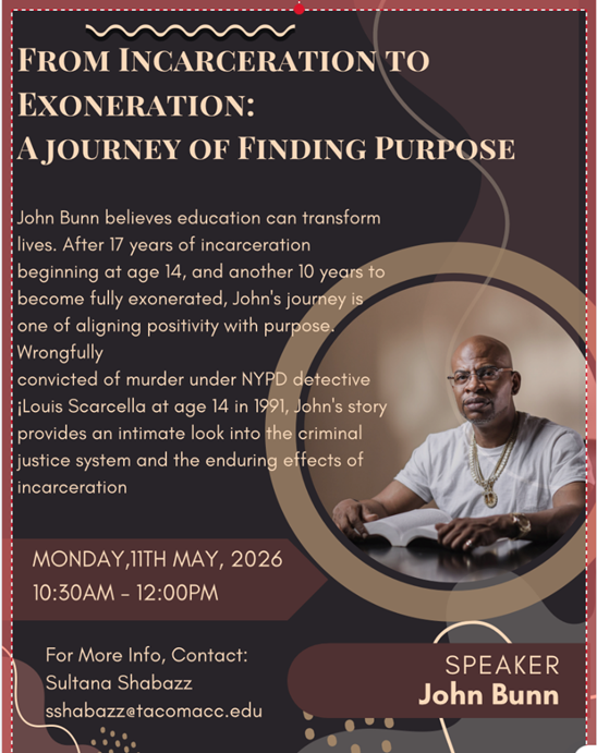 flyer for John Bunn presentation, May 11, 10:30 a.m. in Building 10 