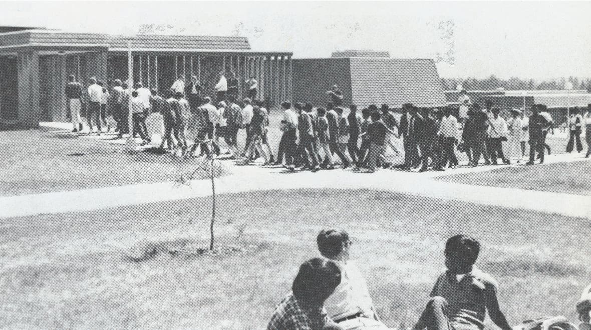 Students march to the President’s Office to deliver the Obi Society’s 11 demands, May 1969, Cronus (1969), TCC Archives Special Collections Library.